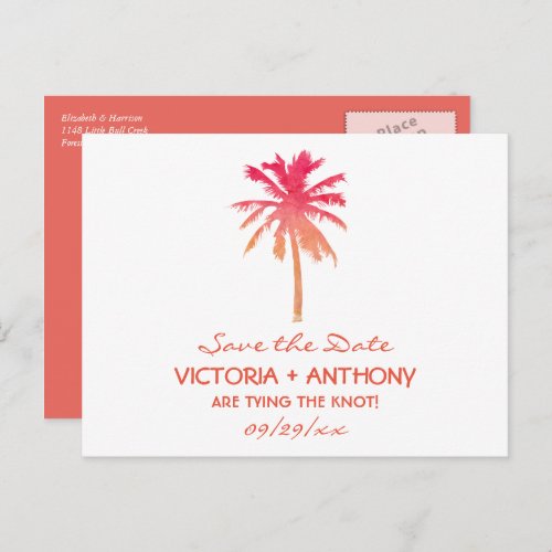 Tropical Sunset Palm Tree Beach Save the Date Announcement Postcard
