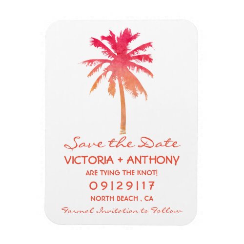 Tropical Sunset Palm Tree Beach Save The Date Magnet