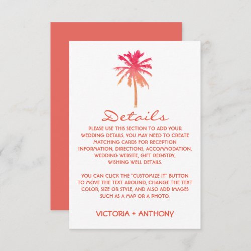 Tropical Sunset Palm Tree Beach Wedding Detail Enclosure Card