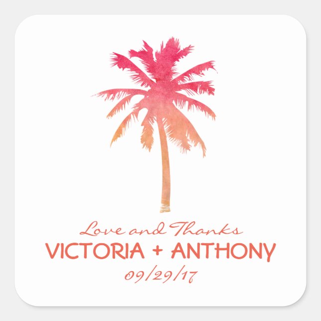 Tropical Sunset Palm Tree Beach Wedding Favor Square Sticker (Front)