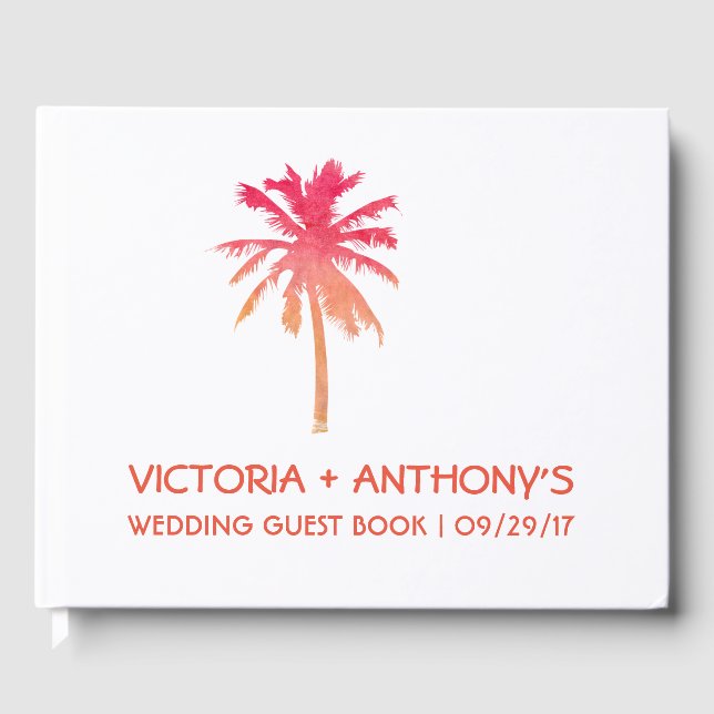 Tropical Sunset Palm Tree Beach Wedding Guest Book (Front)