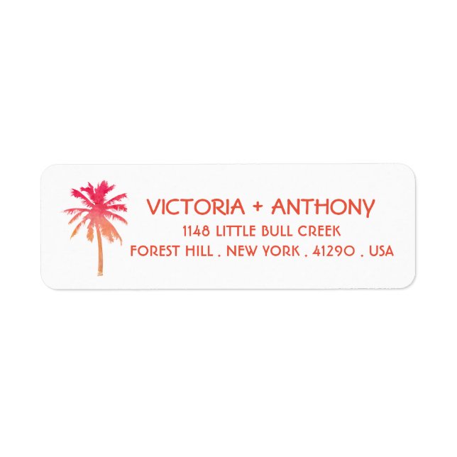 Tropical Sunset Palm Tree Beach Wedding Label (Front)