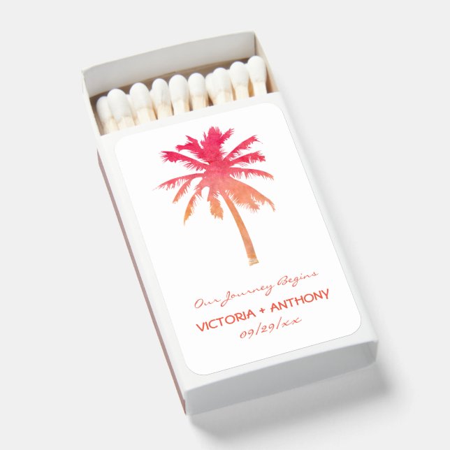 Tropical Sunset Palm Tree Beach Wedding Matchboxes (Front Open)