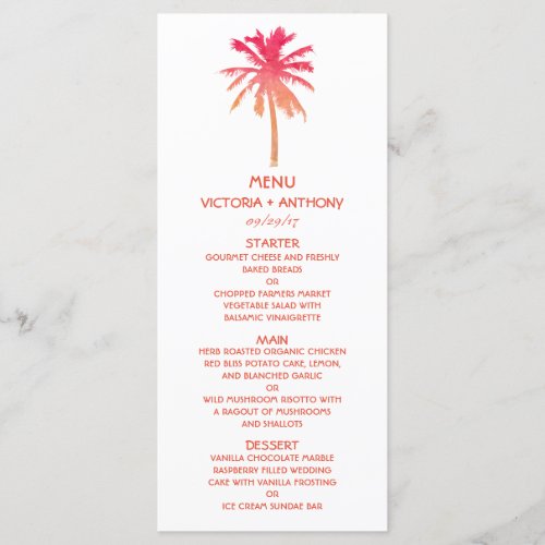 Tropical Sunset Palm Tree Beach Wedding Menu