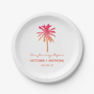 Tropical Sunset Palm Tree Beach Wedding Paper Plates