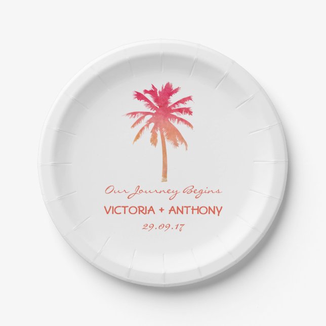 Tropical Sunset Palm Tree Beach Wedding Paper Plates (Front)