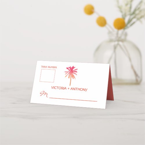 Tropical Sunset Palm Tree Beach Wedding Place Card