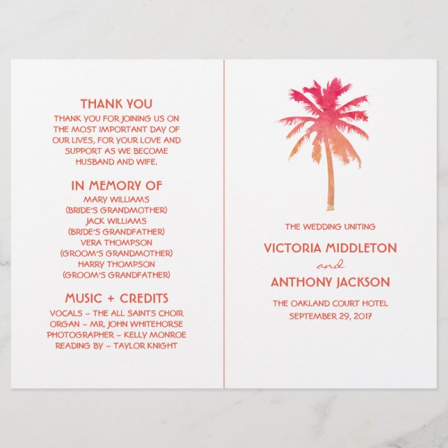 Tropical Sunset Palm Tree Beach Wedding Program (Front)