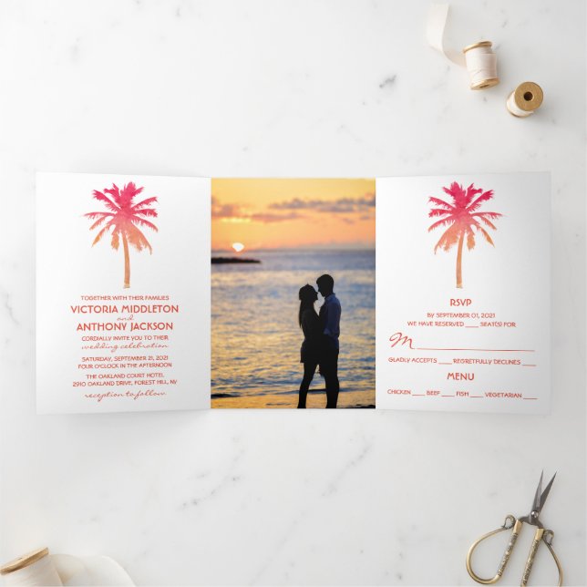 Tropical Sunset Palm Tree Beach Wedding Suite Tri-Fold Invitation (Inside)