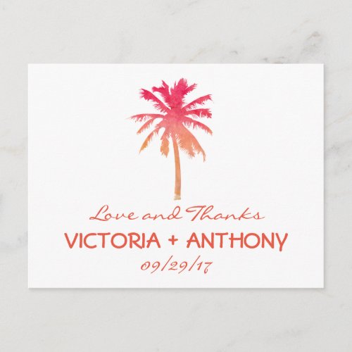 Tropical Sunset Palm Tree Beach Wedding Thank You Postcard