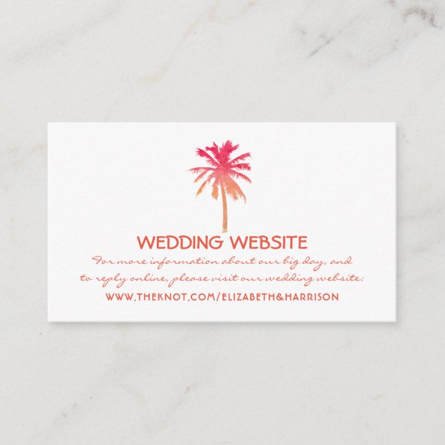 Tropical Sunset Palm Tree Beach Wedding Website Enclosure Card (Front)
