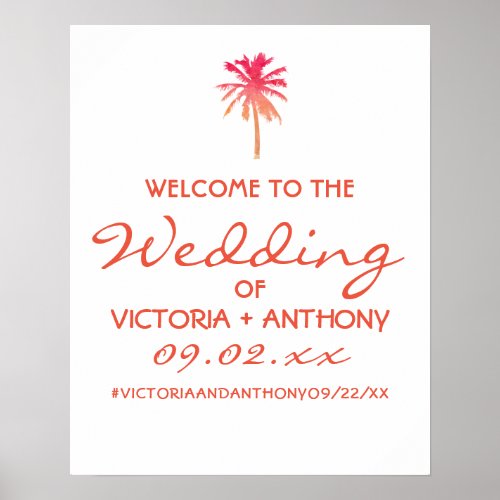 Tropical Sunset Palm Tree Beach Wedding Welcome Poster