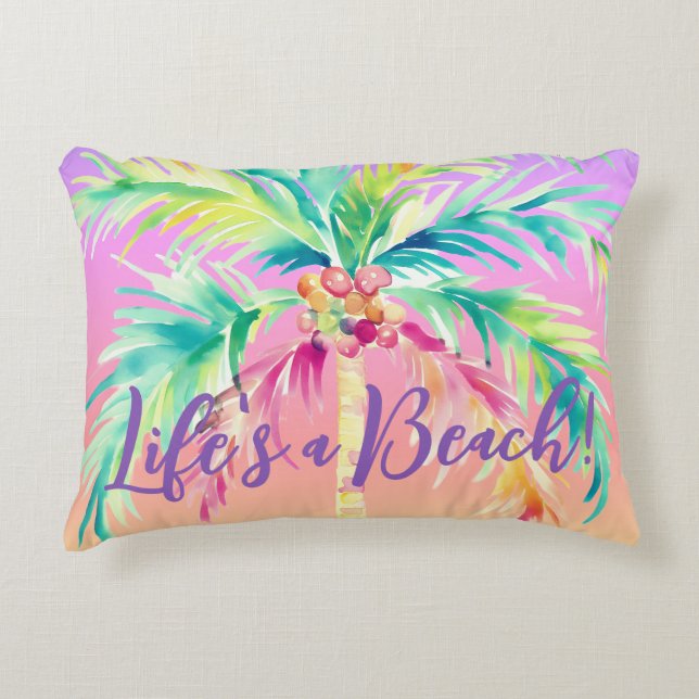  Tropical Sunset Palm Tree Life's a Beach Accent Pillow (Front)