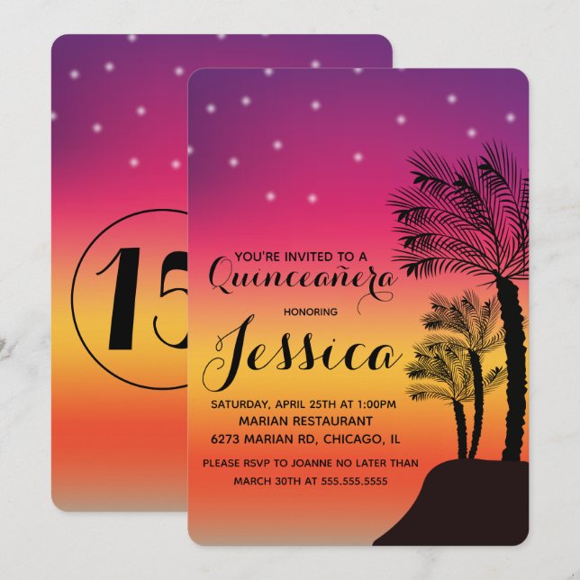 Tropical Sunset Palm Tree Quinceañera Sweet 15 Invitation (Front/Back)
