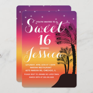 Tropical Sunset Palm Tree Tropical Sweet 16 Invitation