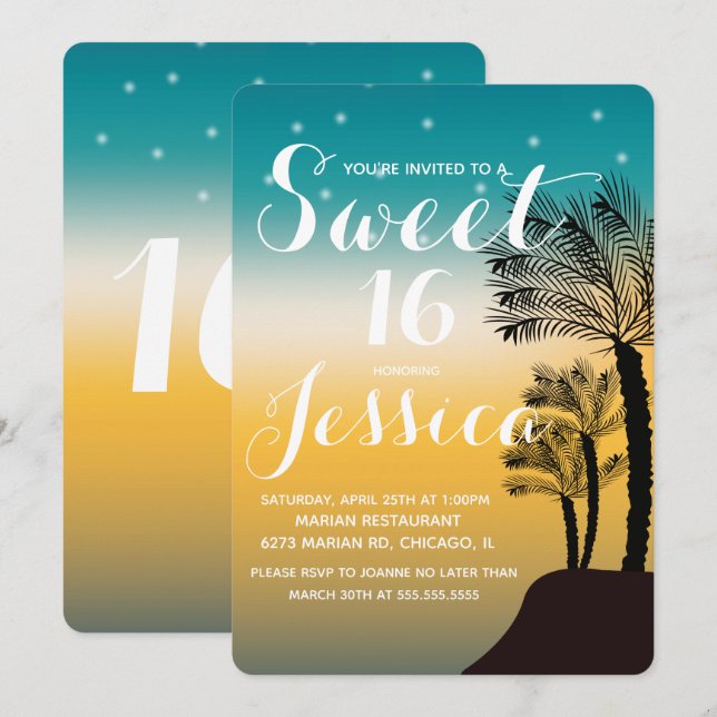 Tropical Sunset Palm Tree Tropical Sweet 16 Invitation (Front/Back)
