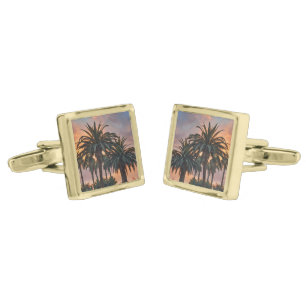 Tropical Sunset Palm Trees Art Gold Cufflinks