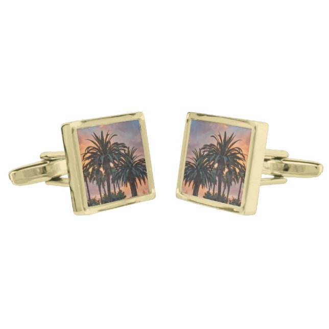Tropical Sunset Palm Trees Art Gold Cufflinks (Angled)