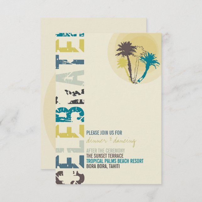 Tropical Sunset Palm Trees Beach Wedding Reception Invitation (Front/Back)