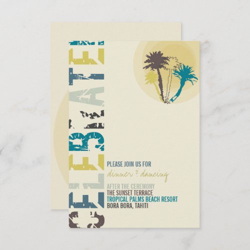 Tropical Sunset Palm Trees Beach Wedding Reception Invitation