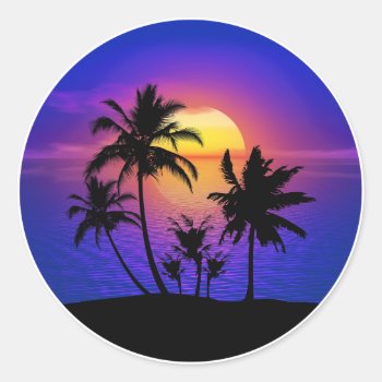 Tropical Sunset Palm Trees Classic Round Sticker by gravityx9 at Zazzle