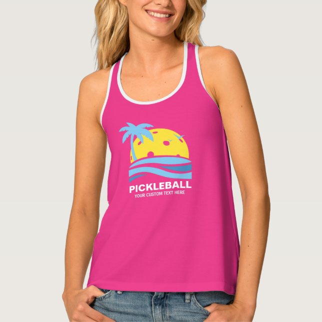 Tropical Sunset, Palm Trees Custom Pink Pickleball Tank Top (Front)