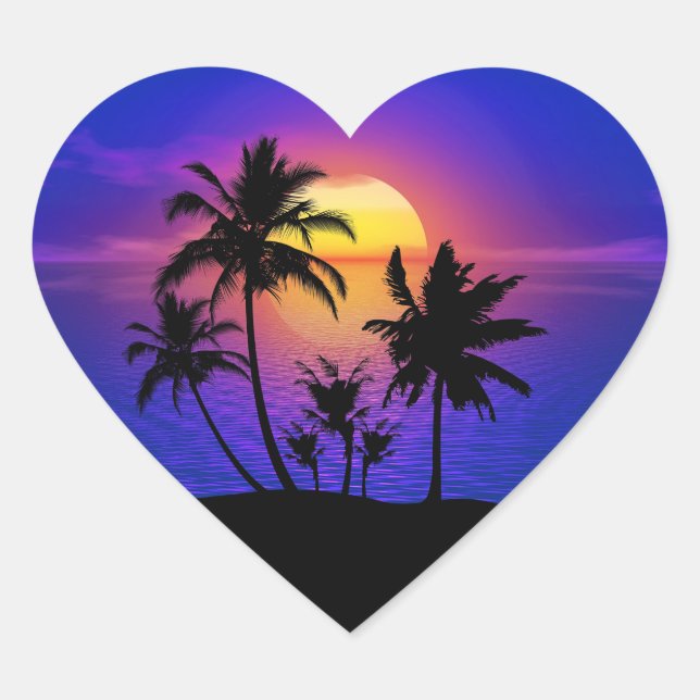 Tropical Sunset Palm Trees Heart Sticker (Front)