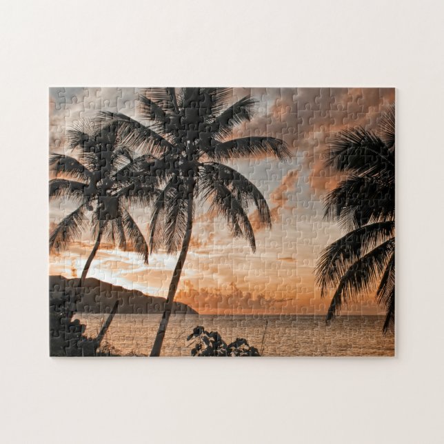 Tropical Sunset Palm Trees Hill Side Sea Jigsaw Puzzle (Horizontal)