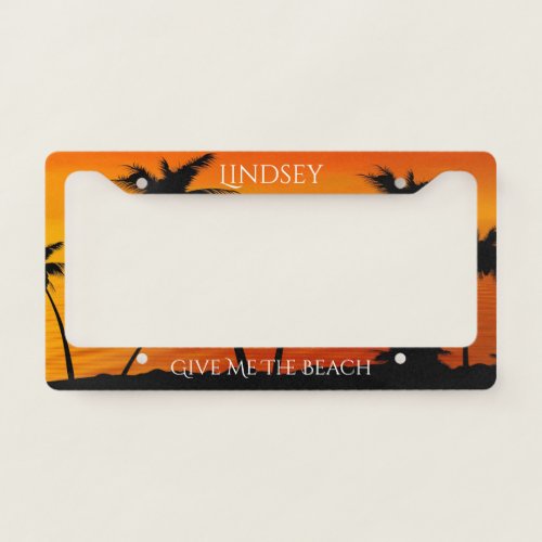 Tropical Sunset Palm Trees Ocean Personalized License Plate Frame