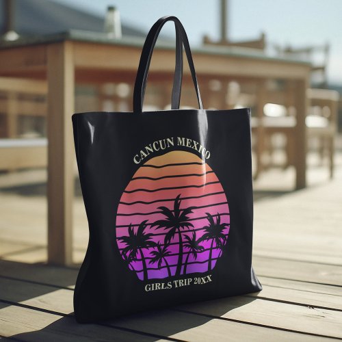 Tropical Sunset Palm Trees Pink Black Custom Beach Tote Bag