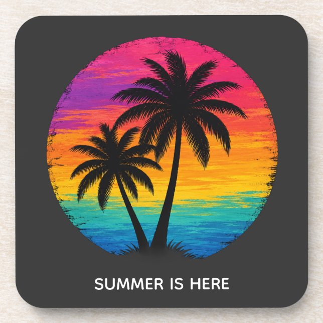 Tropical Sunset Palm Trees Retro Design Beverage Coaster (Front)