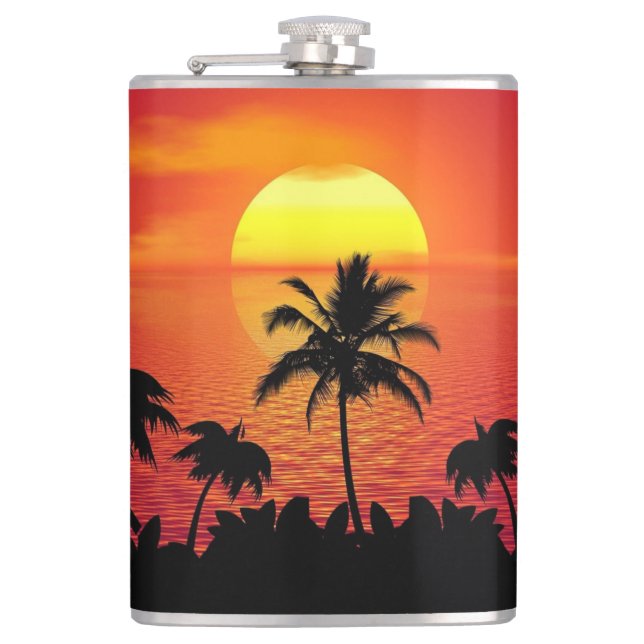 Tropical Sunset Palm Trees Silhouette Beach Flask (Front)