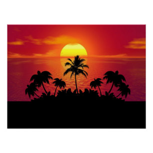 Tropical Sunset Palm Trees Silhouette Beach Poster