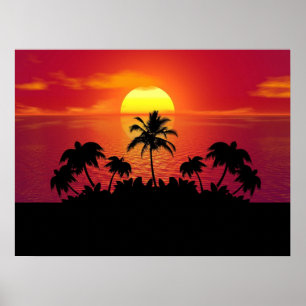 Tropical Sunset Palm Trees Silhouette Beach Poster