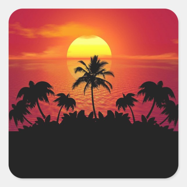 Tropical Sunset Palm Trees Silhouette Beach Square Sticker (Front)