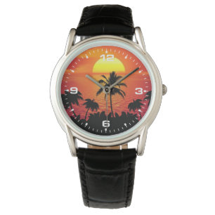 Tropical Sunset Palm Trees Silhouette Beach Watch