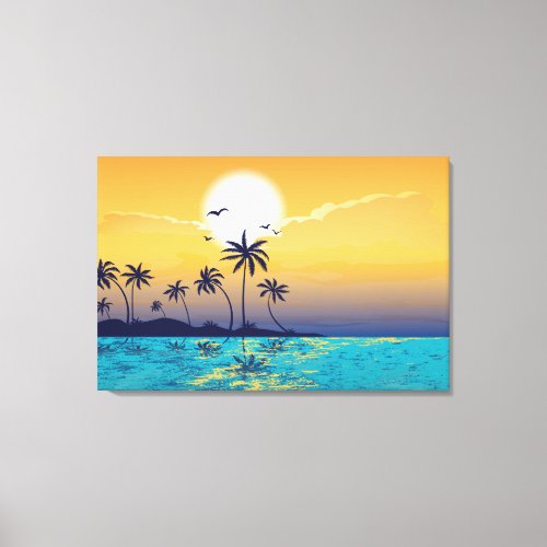 Tropical sunset palm trees wrapped canvas print