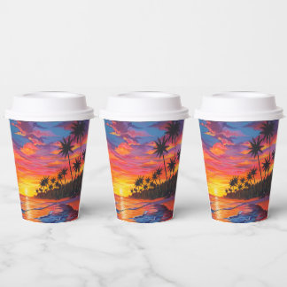Tropical Sunset Paper Cups with Lids