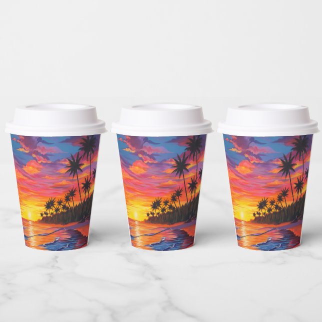 Tropical Sunset Paper Cups with Lids (Multi)