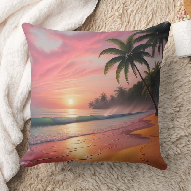 Tropical Sunset Paradise Beach Scene Throw Pillow (Blanket)
