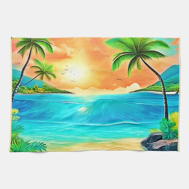 Tropical Sunset Paradise Beach View Kitchen Towel (Horizontal)