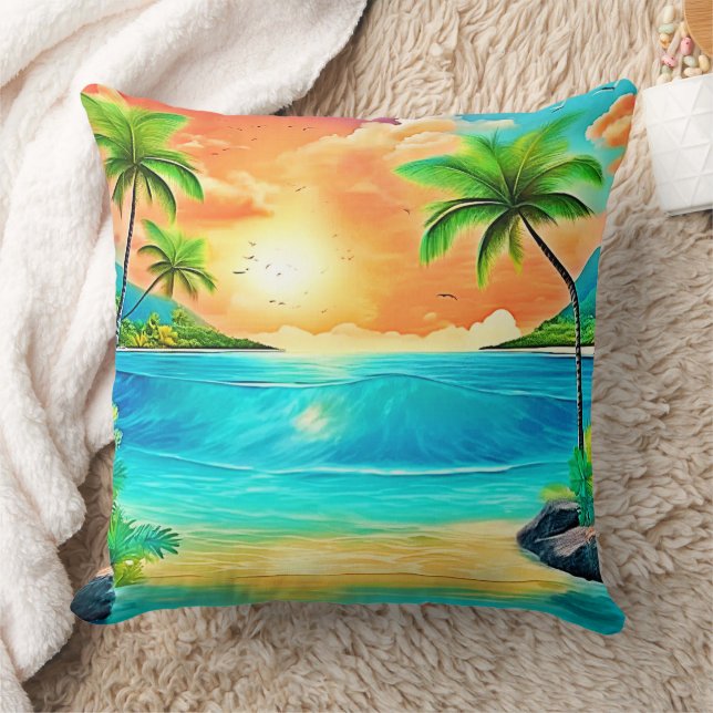 Tropical Sunset Paradise Beach View Throw Pillow (Blanket)