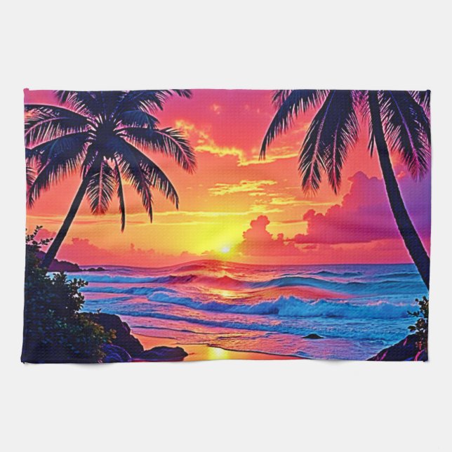 Tropical Sunset Paradise Design Kitchen Towel (Horizontal)