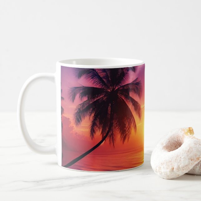 Tropical Sunset Paradise Mug – Ocean View Gift (With Donut)