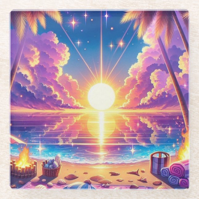 Tropical Sunset Paradise Painting Glass Coaster (Front)