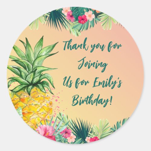 Tropical Sunset Pineapple Girls Birthday Thank you Classic Round Sticker