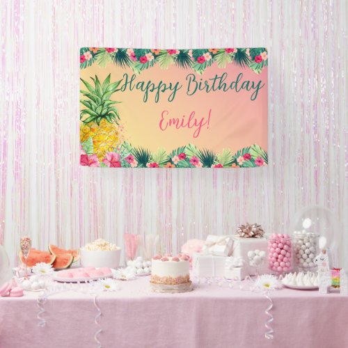 Tropical Sunset Pineapple Girls Happy Birthday  Banner