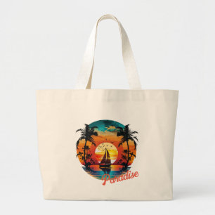 Tropical Sunset Sailing Beach Palms Large Tote Bag