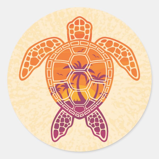 Tropical Sunset Sea Turtle Design Classic Round Sticker (Front)