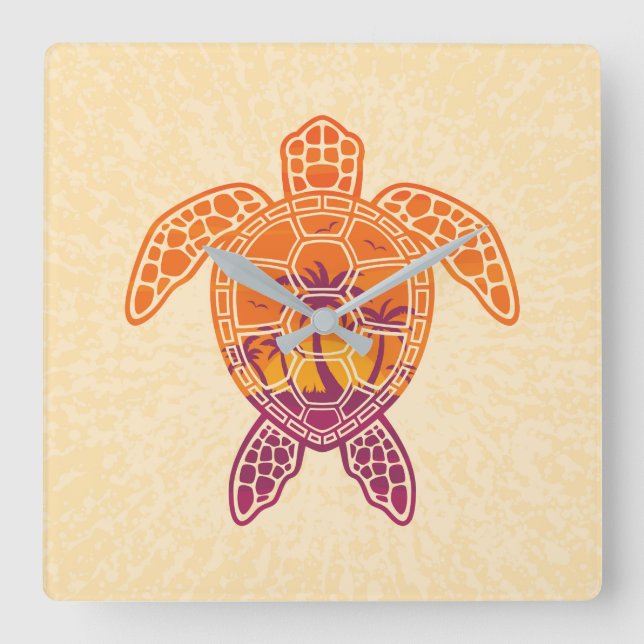 Tropical Sunset Sea Turtle Design Square Wall Clock (Front)